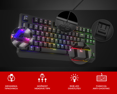 GENESIS THOR 230 TKL gaming mehanska tipkovnica, žična, RGB LED osvetlitev, Hot-Swap tehnologija, Anti-Ghosting, Outemu Red stikala, spomin, programska oprema, Plug & Play, F1-F12, črna
