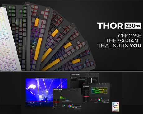 GENESIS THOR 230 TKL gaming mehanska tipkovnica, žična, RGB LED osvetlitev, Hot-Swap tehnologija, Anti-Ghosting, Outemu Red stikala, spomin, programska oprema, Plug & Play, F1-F12, črna