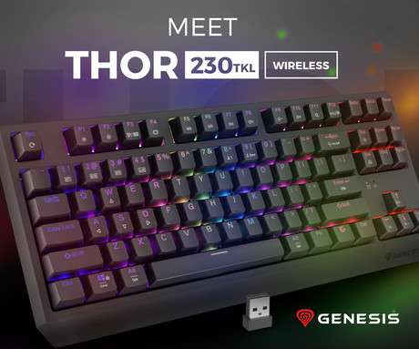GENESIS THOR 230 TKL gaming mehanska tipkovnica, brezžična / žična, USB 2.4GHz / BT / USB-C, baterija, RGB LED, Hot-Swap, Anti-Ghosting, Outemu Red, spomin, programska oprema, Plug&Play, F1-F12, črna