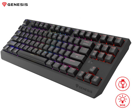 GENESIS THOR 230 TKL gaming mehanska tipkovnica, brezžična / žična, USB 2.4GHz / BT / USB-C, baterija, RGB LED, Hot-Swap, Anti-Ghosting, Outemu Red, spomin, programska oprema, Plug&Play, F1-F12, črna