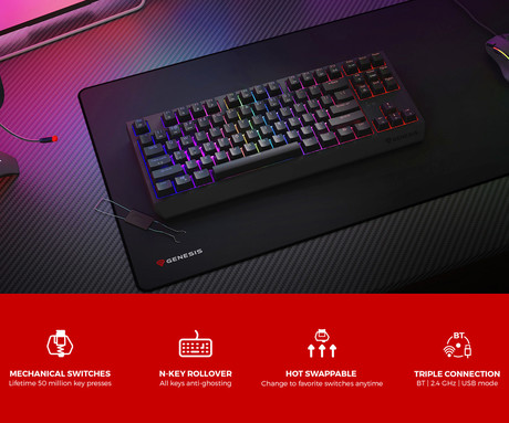 GENESIS THOR 230 TKL gaming mehanska tipkovnica, brezžična / žična, USB 2.4GHz / BT / USB-C, baterija, RGB LED, Hot-Swap, Anti-Ghosting, Outemu Red, spomin, programska oprema, Plug&Play, F1-F12, črna