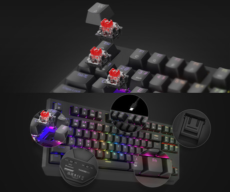 GENESIS THOR 230 TKL gaming mehanska tipkovnica, brezžična / žična, USB 2.4GHz / BT / USB-C, baterija, RGB LED, Hot-Swap, Anti-Ghosting, Outemu Red, spomin, programska oprema, Plug&Play, F1-F12, črna