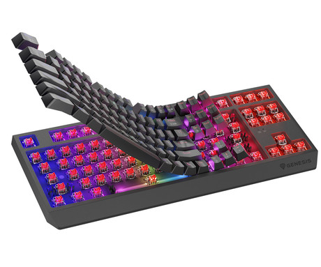 GENESIS THOR 230 TKL gaming mehanska tipkovnica, brezžična / žična, USB 2.4GHz / BT / USB-C, baterija, RGB LED, Hot-Swap, Anti-Ghosting, Outemu Red, spomin, programska oprema, Plug&Play, F1-F12, črna