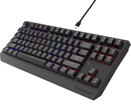 GENESIS THOR 230 TKL gaming mehanska tipkovnica, brezžična / žična, USB 2.4GHz / BT / USB-C, baterija, RGB LED, Hot-Swap, Anti-Ghosting, Outemu Red, spomin, programska oprema, Plug&Play, F1-F12, črna