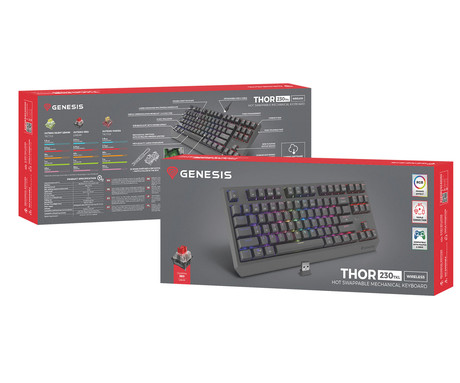 GENESIS THOR 230 TKL gaming mehanska tipkovnica, brezžična / žična, USB 2.4GHz / BT / USB-C, baterija, RGB LED, Hot-Swap, Anti-Ghosting, Outemu Red, spomin, programska oprema, Plug&Play, F1-F12, črna