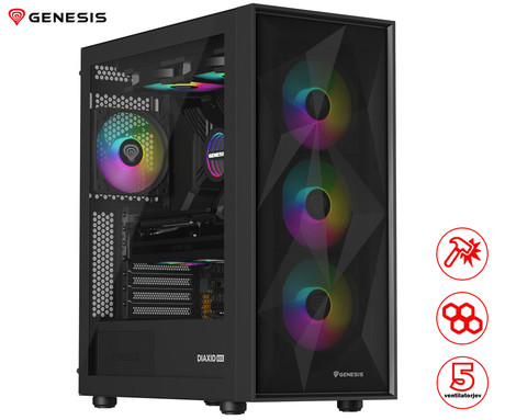GENESIS DIAXID 605 ARGB računalniško ohišje, Midi Tower, 4x ventilator, AIO LC do 420mm, GPU do 351mm, CPU Cooler do 168mm, MESH plošča, kaljeno steklo, ARGB LED osvetlitev, 420x217x466mm, črno
