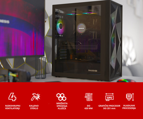 GENESIS DIAXID 605 ARGB računalniško ohišje, Midi Tower, 4x ventilator, AIO LC do 420mm, GPU do 351mm, CPU Cooler do 168mm, MESH plošča, kaljeno steklo, ARGB LED osvetlitev, 420x217x466mm, črno