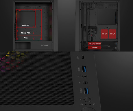 GENESIS DIAXID 605 ARGB računalniško ohišje, Midi Tower, 4x ventilator, AIO LC do 420mm, GPU do 351mm, CPU Cooler do 168mm, MESH plošča, kaljeno steklo, ARGB LED osvetlitev, 420x217x466mm, črno