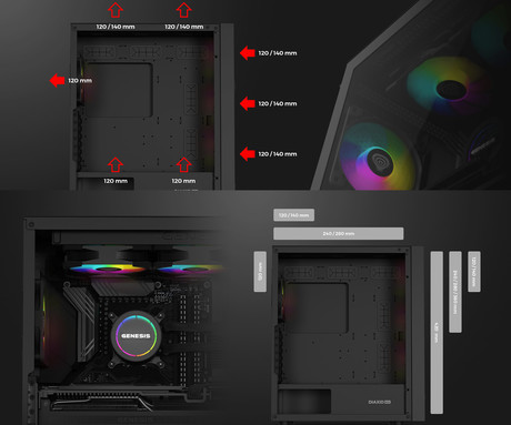 GENESIS DIAXID 605 ARGB računalniško ohišje, Midi Tower, 4x ventilator, AIO LC do 420mm, GPU do 351mm, CPU Cooler do 168mm, MESH plošča, kaljeno steklo, ARGB LED osvetlitev, 420x217x466mm, črno