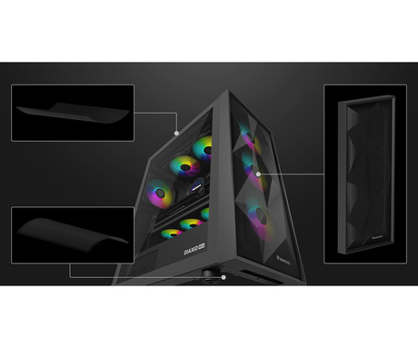 GENESIS DIAXID 605 ARGB računalniško ohišje, Midi Tower, 4x ventilator, AIO LC do 420mm, GPU do 351mm, CPU Cooler do 168mm, MESH plošča, kaljeno steklo, ARGB LED osvetlitev, 420x217x466mm, črno