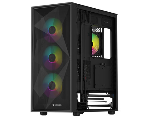 GENESIS DIAXID 605 ARGB računalniško ohišje, Midi Tower, 4x ventilator, AIO LC do 420mm, GPU do 351mm, CPU Cooler do 168mm, MESH plošča, kaljeno steklo, ARGB LED osvetlitev, 420x217x466mm, črno