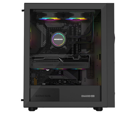 GENESIS DIAXID 605 ARGB računalniško ohišje, Midi Tower, 4x ventilator, AIO LC do 420mm, GPU do 351mm, CPU Cooler do 168mm, MESH plošča, kaljeno steklo, ARGB LED osvetlitev, 420x217x466mm, črno