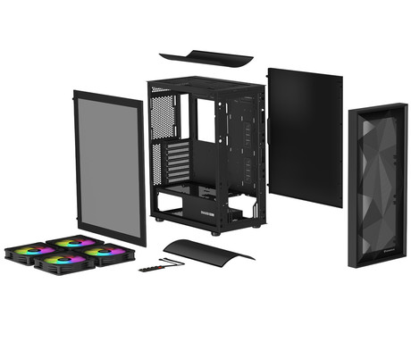 GENESIS DIAXID 605 ARGB računalniško ohišje, Midi Tower, 4x ventilator, AIO LC do 420mm, GPU do 351mm, CPU Cooler do 168mm, MESH plošča, kaljeno steklo, ARGB LED osvetlitev, 420x217x466mm, črno