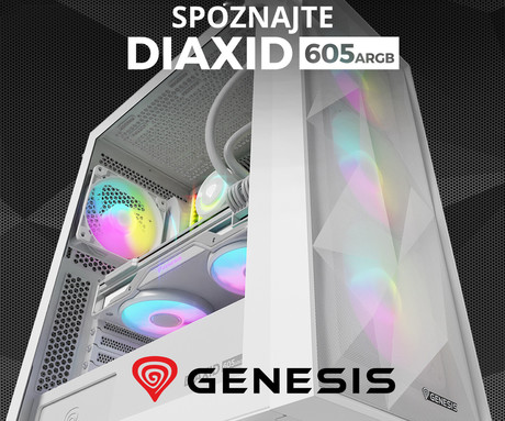 GENESIS DIAXID 605 ARGB računalniško ohišje, Midi Tower, 4x ventilator, AIO LC do 420mm, GPU do 351mm, CPU Cooler do 168mm, MESH plošča, kaljeno steklo, ARGB LED osvetlitev, 420x217x466mm, belo