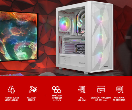 GENESIS DIAXID 605 ARGB računalniško ohišje, Midi Tower, 4x ventilator, AIO LC do 420mm, GPU do 351mm, CPU Cooler do 168mm, MESH plošča, kaljeno steklo, ARGB LED osvetlitev, 420x217x466mm, belo