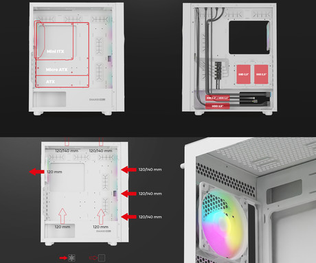 GENESIS DIAXID 605 ARGB računalniško ohišje, Midi Tower, 4x ventilator, AIO LC do 420mm, GPU do 351mm, CPU Cooler do 168mm, MESH plošča, kaljeno steklo, ARGB LED osvetlitev, 420x217x466mm, belo