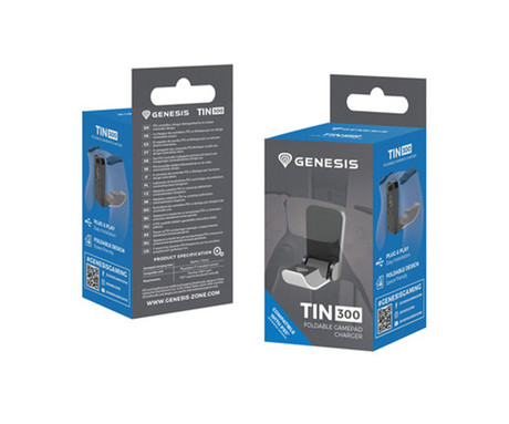 GENESIS TIN 300 polnilec za igralni plošček / gamepad za PS5, za Sony PlayStation 5, združljiv z DualSense / DualSense Edge, zložljiva oblika, USB Type-C, Plug & Play, črno-bel