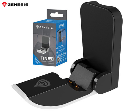 GENESIS TIN 300 polnilec za igralni plošček / gamepad za PS5, za Sony PlayStation 5, združljiv z DualSense / DualSense Edge, zložljiva oblika, USB Type-C, Plug & Play, črno-bel