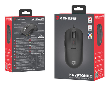 GENESIS KRYPTON 660 žična miška, gaming / pisarniška, 12.000DPI, ultra lahka teža, 6 gumbov, RGB LED osvetlitev, spomin, programska oprema, Plug & Play, 180cm kabel, črna (Onyx Black)