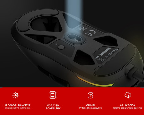 GENESIS KRYPTON 660 žična miška, gaming / pisarniška, 12.000DPI, ultra lahka teža, 6 gumbov, RGB LED osvetlitev, spomin, programska oprema, Plug & Play, 180cm kabel, črna (Onyx Black)