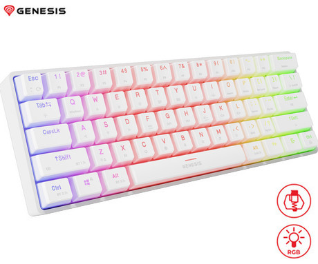 GENESIS THOR 660 G2 gaming mehanska tipkovnica, žična / brezžična, USB 2.4GHz / BT 5.0 / USB-C, baterija, RGB LED, RapidSpeed, Gateron Brown stikala, spomin, programska oprema, Plug & Play, bela