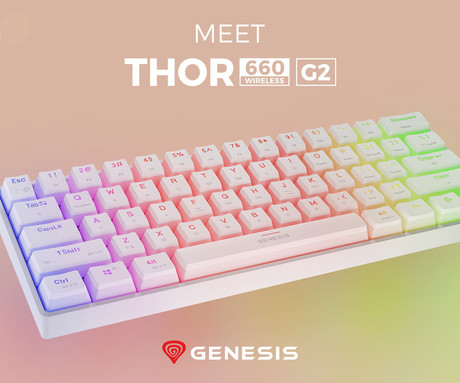 GENESIS THOR 660 G2 gaming mehanska tipkovnica, žična / brezžična, USB 2.4GHz / BT 5.0 / USB-C, baterija, RGB LED, RapidSpeed, Gateron Brown stikala, spomin, programska oprema, Plug & Play, bela