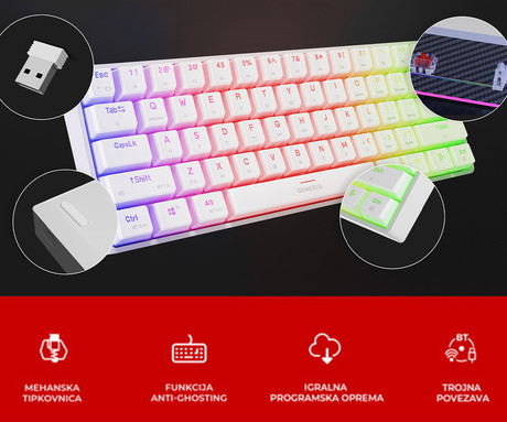 GENESIS THOR 660 G2 gaming mehanska tipkovnica, žična / brezžična, USB 2.4GHz / BT 5.0 / USB-C, baterija, RGB LED, RapidSpeed, Gateron Brown stikala, spomin, programska oprema, Plug & Play, bela