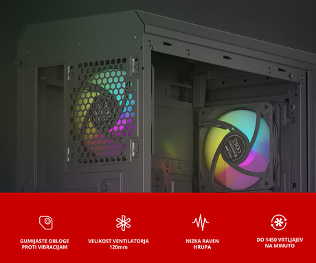 GENESIS OXAL 120 ARGB ventilator za računalnik / ohišje, univerzalni, 120mm velikost, do 1450 RPM, ultra tiho delovanje, blazinice proti vibracijam, ARGB LED osvetlitev, 3-PIN konektor, črn