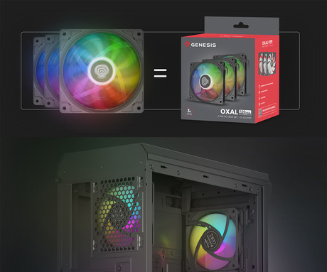 GENESIS OXAL 120 ARGB ventilator za računalnik / ohišje, univerzalni, 120mm velikost, do 1450 RPM, ultra tiho delovanje, blazinice proti vibracijam, ARGB LED osvetlitev, 3-PIN konektor, črn