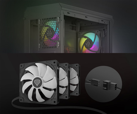 GENESIS OXAL 120 ARGB 3-PACK ventilatorji za računalnik / ohišje, univerzalni, 120mm velikost, do 1450 RPM, ultra tiho delovanje, blazinice proti vibracijam, ARGB LED osvetlitev, 3-PIN konektor, črni