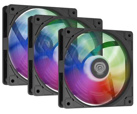 GENESIS OXAL 120 ARGB 3-PACK ventilatorji za računalnik / ohišje, univerzalni, 120mm velikost, do 1450 RPM, ultra tiho delovanje, blazinice proti vibracijam, ARGB LED osvetlitev, 3-PIN konektor, črni
