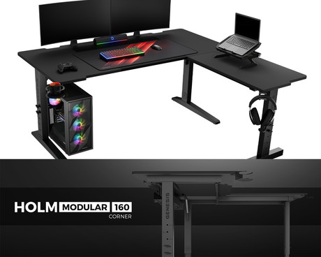 GENESIS HOLM MODULAR 160 CORNER pisarniška / gaming miza, modularna, robustna konstrukcija, nastavljiva višina, RGB LED osvetlitev, napeljava kablov, 2x držalo, 160x155x75cm, črna GENESIS HOLM MODULAR 160 CORNER pisarniška / gaming miza, modularna, robustna konstrukcija, nastavljiva višina, RGB LED osvetlitev, napeljava kablov, 2x držalo, 160x155x75cm, črna