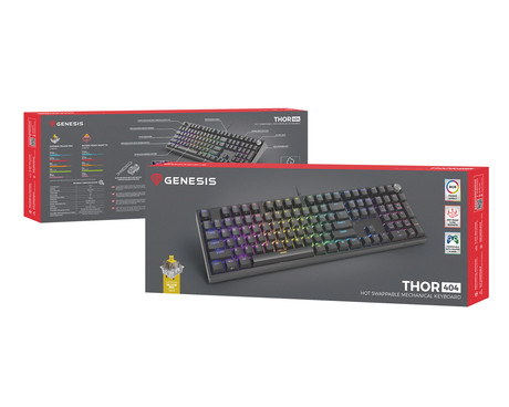 GENESIS THOR 404 gaming mehanska tipkovnica, žična, RGB LED osvetlitev, Hot-Swap tehnologija, Anti-Ghosting, Gateron Yellow Pro stikala, spomin, programska oprema, Plug & Play, F1-F12, črna