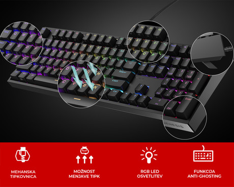 GENESIS THOR 404 gaming mehanska tipkovnica, žična, RGB LED osvetlitev, Hot-Swap tehnologija, Anti-Ghosting, Gateron Yellow Pro stikala, spomin, programska oprema, Plug & Play, F1-F12, črna