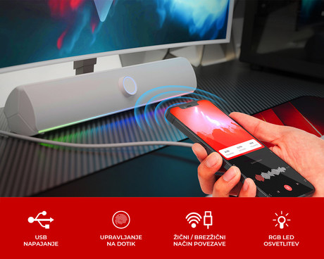 GENESIS HELIUM 312BT računalniški zvočnik / soundbar, STEREO 2.0, 10W RMS, Bluetooth 5.2, RGB LED osvetlitev, gumbi za upravljanje, USB Type-A, bel