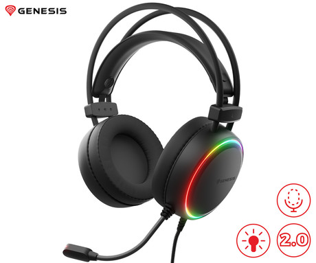 GENESIS NEON 613 G2 naglavne slušalke, gaming / pisarniške, 2.0 STEREO zvok, mikrofon, RGB LED osvetlitev, nadzor glasnosti, gumbi za upravljanje, črne (Onyx Black)