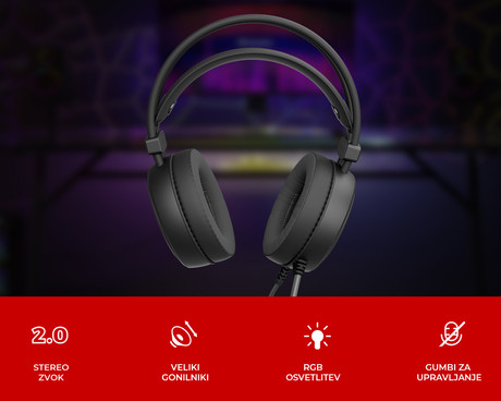 GENESIS NEON 613 G2 naglavne slušalke, gaming / pisarniške, 2.0 STEREO zvok, mikrofon, RGB LED osvetlitev, nadzor glasnosti, gumbi za upravljanje, črne (Onyx Black)