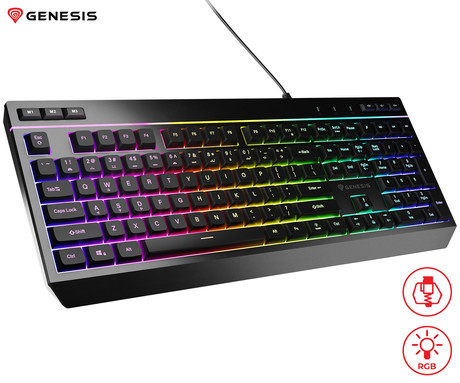 GENESIS RHOD 530 gaming membranska tipkovnica, žična, RGB LED osvetlitev, Anti-Ghosting funkcija, Non-Floating stikala / tipke, spomin, programska oprema, Plug & Play, F1-F12, črna