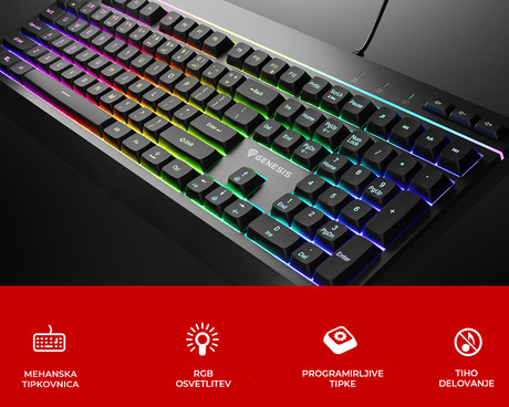 GENESIS RHOD 530 gaming membranska tipkovnica, žična, RGB LED osvetlitev, Anti-Ghosting funkcija, Non-Floating stikala / tipke, spomin, programska oprema, Plug & Play, F1-F12, črna