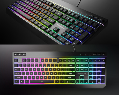 GENESIS RHOD 530 gaming membranska tipkovnica, žična, RGB LED osvetlitev, Anti-Ghosting funkcija, Non-Floating stikala / tipke, spomin, programska oprema, Plug & Play, F1-F12, črna