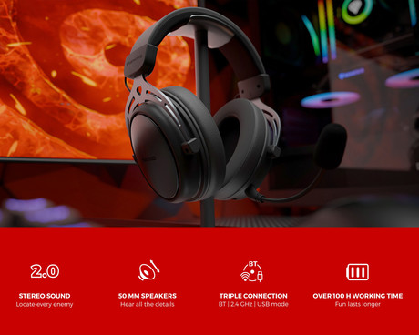 GENESIS TORON 706 brezžične naglavne slušalke, gaming / pisarniške, 2.0 STEREO zvok, USB 2.4GHz / BT / USB-C, baterija, snemljiv mikrofon, ultra lahka teža, univerzalna povezljivost, Plug&Play, črne
