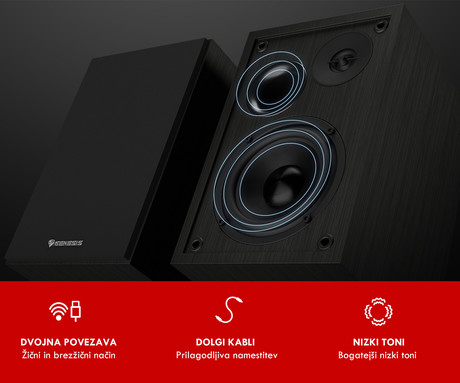 GENESIS ARSEN 302BT računalniški zvočniki, STEREO 2.0, 20W RMS, Bluetooth 5.3, 4" woofer + 1.25" tweeter, BassReflex funkcija, gumbi za upravljanje, RCA/Chinch, MDF les, črni (Classic Black)