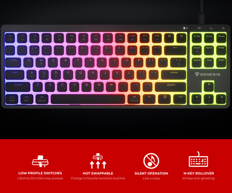 GENESIS THOR 430 TKL gaming mehanska tipkovnica, žična, RGB LED osvetlitev, Hot-Swap tehnologija, Anti-Ghosting, Outemu Pink stikala, spomin, programska oprema, Plug & Play, F1-F12, črna