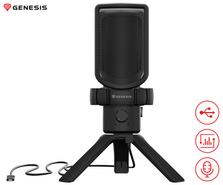 GENESIS RADIUM 250 profesionalni mikrofon, namizni / studijski, 192kHz, POP filter, gumb MUTE / GAIN, jack 3.5mm, USB Type-C, PC, RGB LED osvetlitev, črn