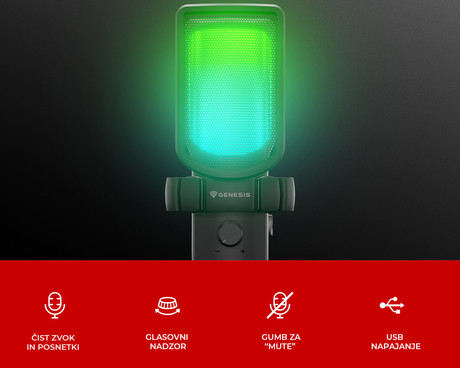 GENESIS RADIUM 250 profesionalni mikrofon, namizni / studijski, 192kHz, POP filter, gumb MUTE / GAIN, jack 3.5mm, USB Type-C, PC, RGB LED osvetlitev, črn