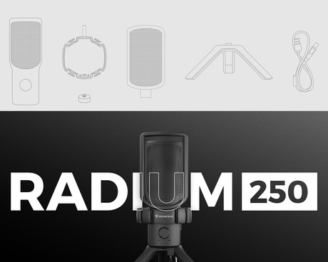 GENESIS RADIUM 250 profesionalni mikrofon, namizni / studijski, 192kHz, POP filter, gumb MUTE / GAIN, jack 3.5mm, USB Type-C, PC, RGB LED osvetlitev, črn