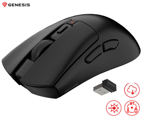 GENESIS ZIRCON 880 brezžična miška, gaming / pisarniška, 12.000DPI, USB 2.4GHz / Bluetooth / USB Type-C, 6 gumbov, Kailh Optical stikala, baterija, spomin, programska oprema, stekleni drsniki, črna