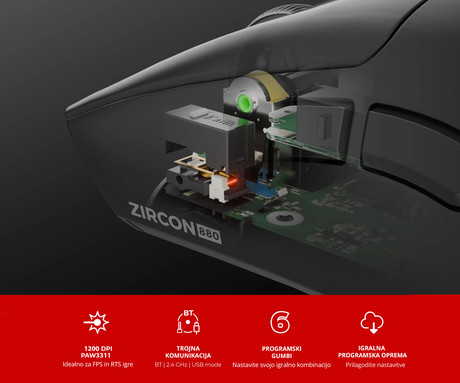 GENESIS ZIRCON 880 brezžična miška, gaming / pisarniška, 12.000DPI, USB 2.4GHz / Bluetooth / USB Type-C, 6 gumbov, Kailh Optical stikala, baterija, spomin, programska oprema, stekleni drsniki, črna
