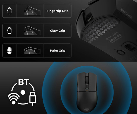 GENESIS ZIRCON 880 brezžična miška, gaming / pisarniška, 12.000DPI, USB 2.4GHz / Bluetooth / USB Type-C, 6 gumbov, Kailh Optical stikala, baterija, spomin, programska oprema, stekleni drsniki, črna