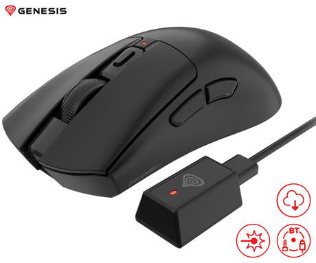 GENESIS ZIRCON 880 PRO brezžična gaming miška, 8K, 30.000DPI, USB 2.4GHz / Bluetooth / USB Type-C, 6 gumbov, Kailh Optical stikala, polnilna baterija, spomin, programska oprema, stekleni drsniki, črna